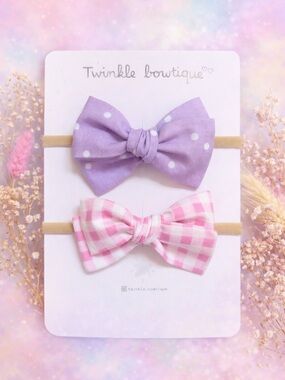 Lavender Polka Dot & Pink Gingham Bow Headbands for baby & toddler